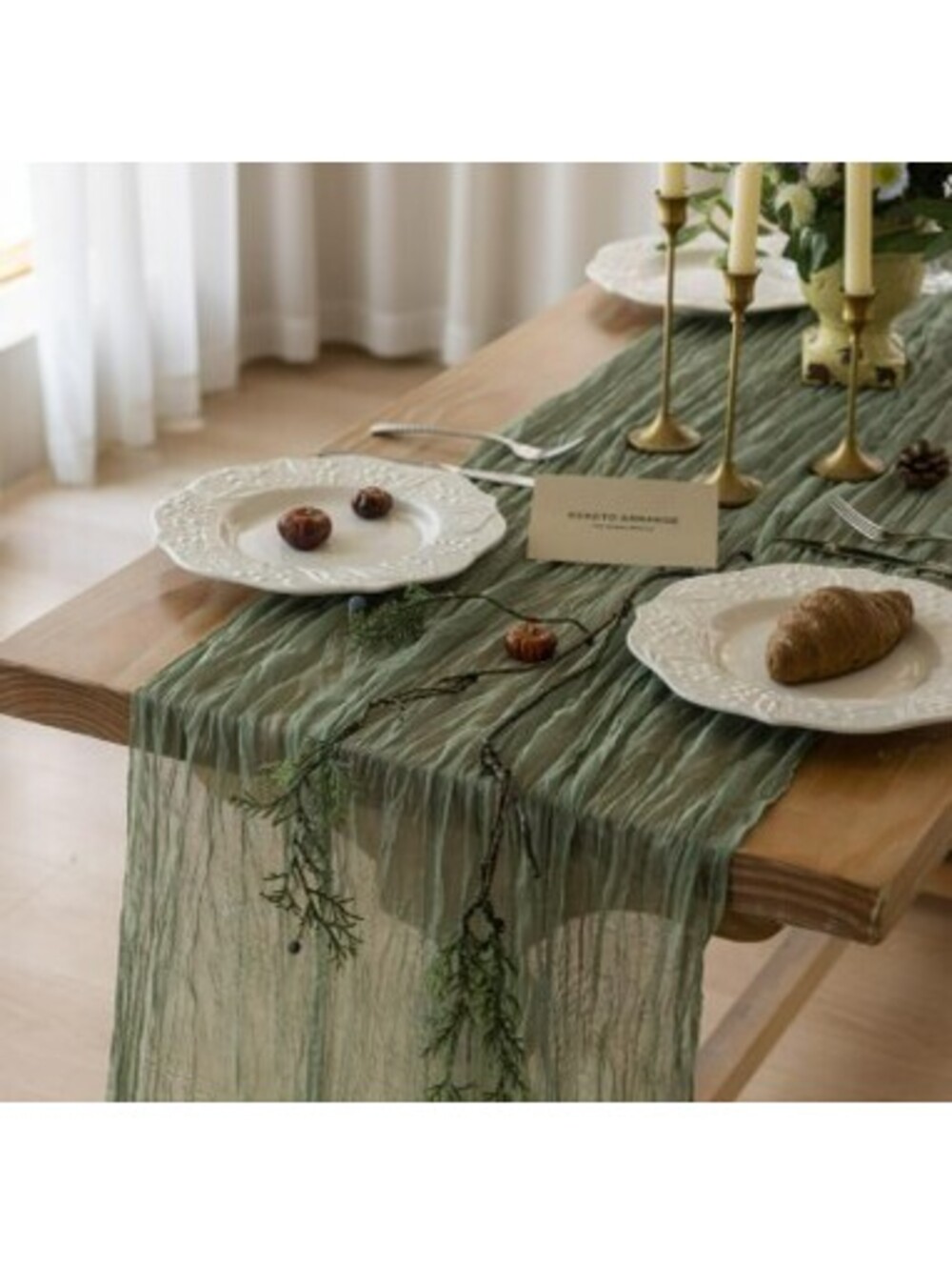 Keketoarrange Sage Green Cheesecloth Table Runner 35x120" Boho Wedding